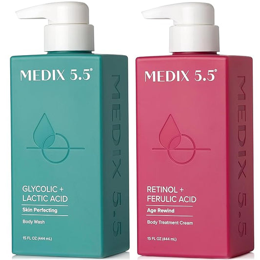 MEDIX 5.5 Exfoliating AHA Glycolic Acid Face & Body Scrub Cleanser + Retinol Moisturizing Body Cream Lotion Skin Care 2PC Set | Alpha Hydroxy Acid & Lactic Acid Foaming Body Wash & Face Wash, 2-PC-BrightBean Baby