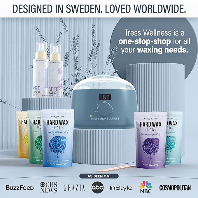 Tress Wellness Waxing Kit for Sensitive Skin – Safe for Face & Skin, Prep & Aftercare Spray, Easy to Use – At-Home Kit for Face, Bikini, Brazilian & Full Body - Digital Display, Blue-BrightBean Baby