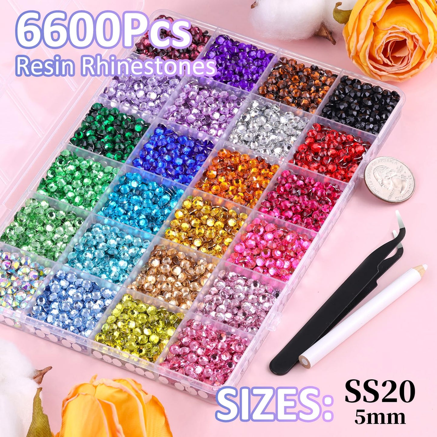 6600Pcs Resin Rhinestones for Bedazzling with Tweezers, Multicolor 5mm Rhinestones for Crafting with 3Pcs 10ml B7000 Jewelry Glue for DIY Crafts Clothing Tumblers Shoes Fabric Nail Art-BrightBean Baby