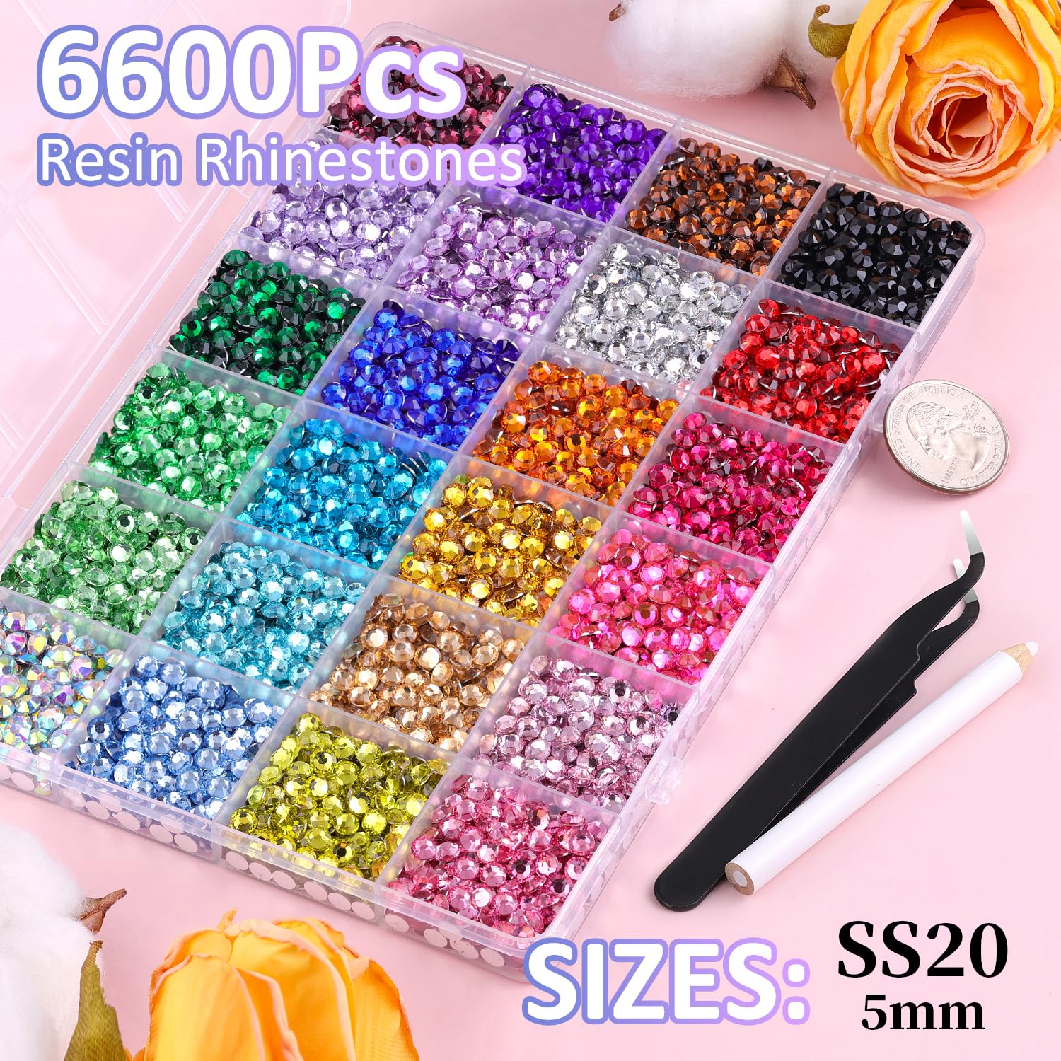 6600Pcs Resin Rhinestones for Bedazzling with Tweezers, Multicolor 5mm Rhinestones for Crafting with 3Pcs 10ml B7000 Jewelry Glue for DIY Crafts Clothing Tumblers Shoes Fabric Nail Art-BrightBean Baby