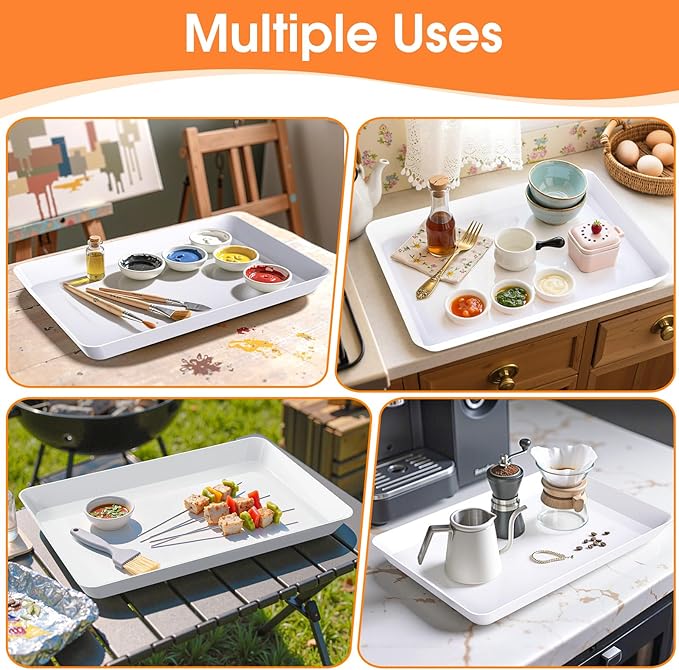 4-Pack Serving Tray, Serving Platter for Parties, Entertaining, Camping & Food Display, Reusable & Stackable Plastic Trays in Kitchen, Rectangular Food Platters for Cookie, Appetizer(White)