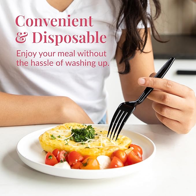 Prestee 100 Black Plastic Forks Heavy-Duty, Heavyweight Plastic Silverware Forks, Fancy Cutlery, Elegant Disposable Forks Pack, Bulk Disposable Flatware, Christmas Holiday Plastic Utensils Set