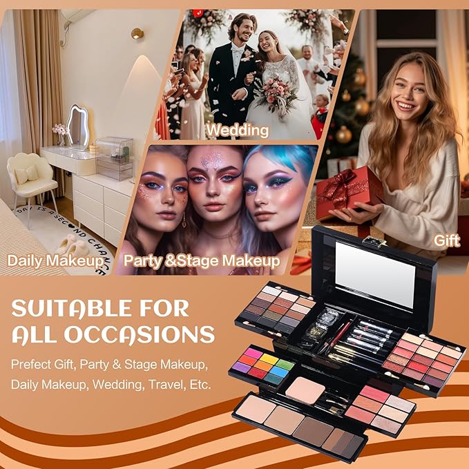 Professional Makeup Kit for Women Girl Full Kit with Mirror 60 Colors All in One Make up Gift Set Included Eyeshadow,Blusher,Highlighter,Compact Powder,Brow Powder,Lipstick,Glitter,Eyeliner,Mascara 01-BrightBean Baby