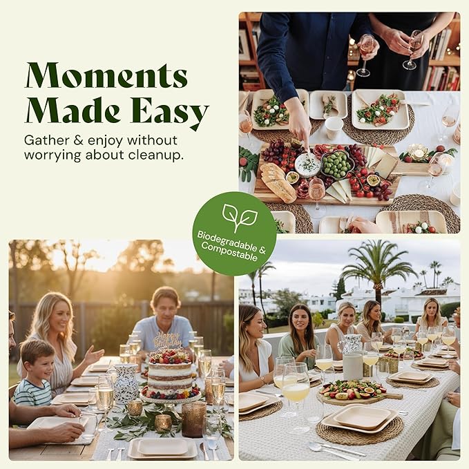 Chic Leaf Palm Leaf Compostable Plates - 6" Square, Pack of 50 - Disposable Dinnerware - Rustic Bamboo Appetizer Plates - Charcuterie Boards & Biodegradable Serviceware