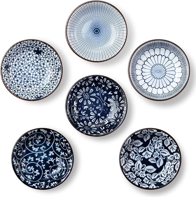 Dipping Bowls, Soy Sauce Dish Ceramic, 3 OZ Small Serving Bowls for Side Dishes Vintage Blue Stylish Design, Set of 6 Mini Appetizer Plates for Condiment Sushi Ketchup BBQ Party, 4 Inch