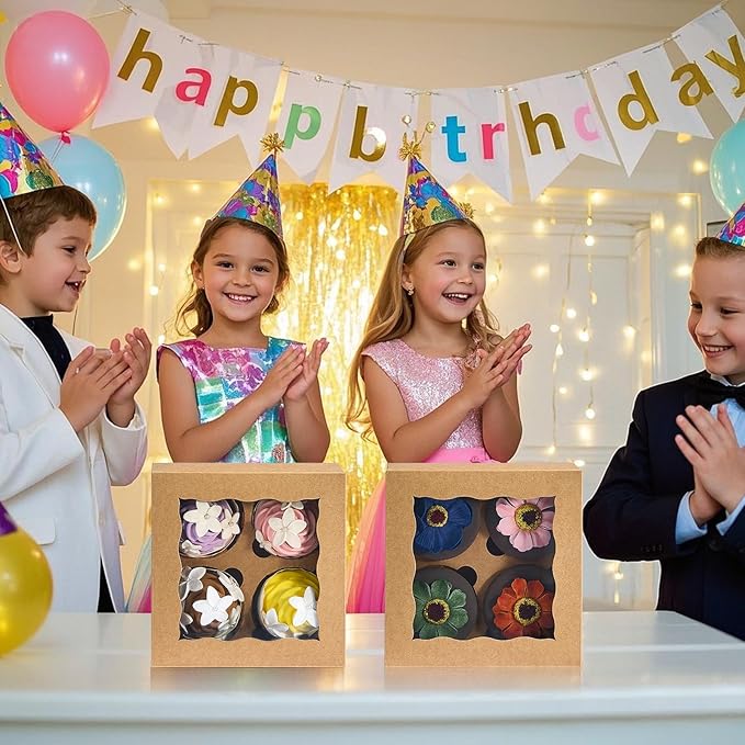 RomanticBaking 50 Pack 4 Cupcake Boxes with insert,6'' x 6'' x 3''Brown Kraft Cupcake Containers Food Boxes for Cookies,muffin,cakesicles