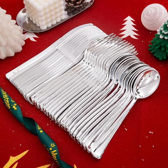 Liacere 200Pcs Silver Plastic Cutlery - Silver Plastic Silverware- Disposable Silverware - 100 Forks, 50 Spoons, 50 Knives Perfect for Wedding＆Christmas