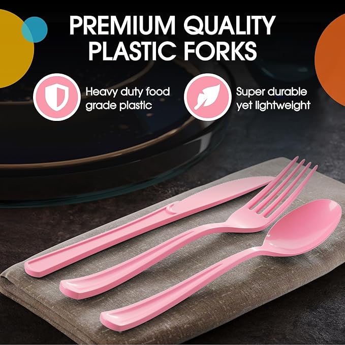 Party Solids Pink Plastic Silverware Heavy Duty 150 Pieces Pink Plastic Cutlery Sets, Utensil Sets, 50 Of Each Forks, Knives & Spoons Disposable Cutlery Set, Flatware Set For Party Supplies