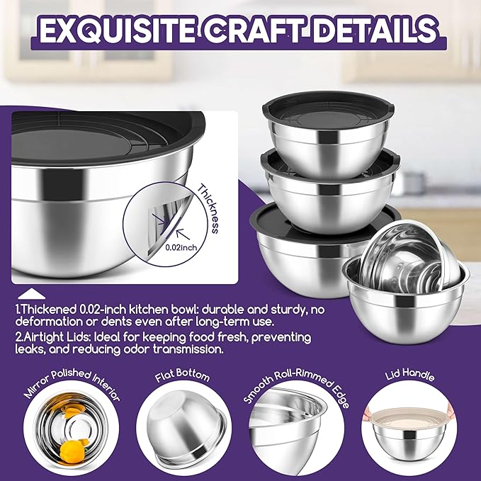 Herogo 5-Piece Mixing Bowls with Airtight Lids, 3 Grater Attachments, Stainless Steel Salad Serving Bowls for Kitchen, Size 4.6, 3.5, 2.5, 2, 1.5QT Ideal for Prepping & Cooking, Black