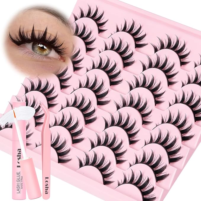 Losha Lashes Spiky Manga Lashes 14 Pairs Anime False Eyelashes 8D Wispy Eye Lashes Kit with Lash Glue and Lash Tweezers Natural Soft Fake Eyelashes (Cutes)-BrightBean Baby