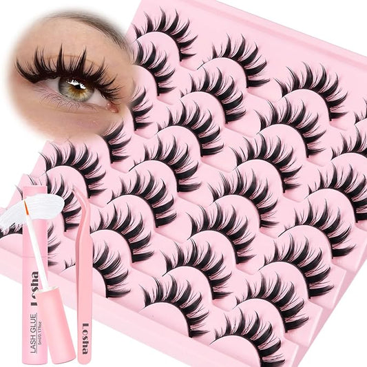 Losha Lashes Spiky Manga Lashes 14 Pairs Anime False Eyelashes 8D Wispy Eye Lashes Kit with Lash Glue and Lash Tweezers Natural Soft Fake Eyelashes (Cutes)-BrightBean Baby