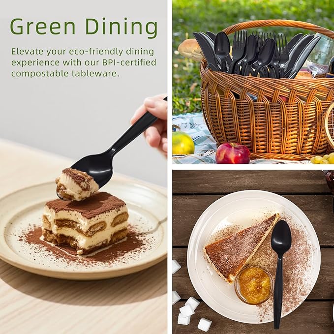 100% Compostable Spoons, 300 Disposable Spoons, Black Non Plastic Spoons, BPA-Free Heavy Duty Disposable Utensils, Ecofriendly Compostable Cutlery for Party Wedding Picnic
