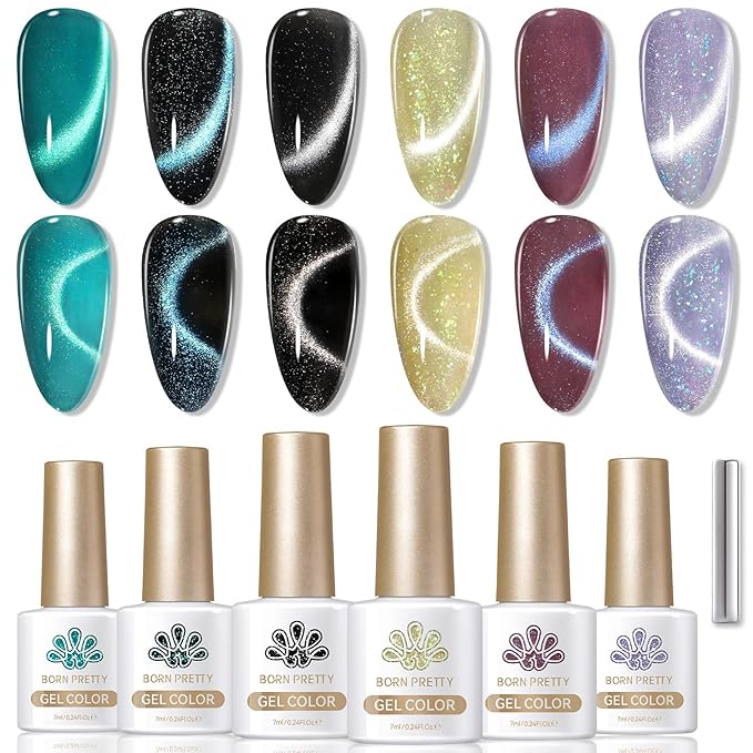 Born Pretty Cat Magnetic Eye Gel Nail Polish, 6 Colors 9D Magnetic Glitter Gel Polish Set Black Blue Purple Green Nail Polish Kit Soak Off LED Nail Art DIY Salon Gift-BrightBean Baby