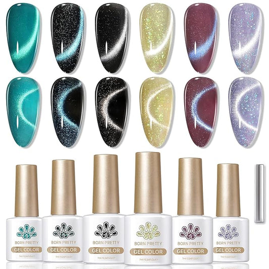 Born Pretty Cat Magnetic Eye Gel Nail Polish, 6 Colors 9D Magnetic Glitter Gel Polish Set Black Blue Purple Green Nail Polish Kit Soak Off LED Nail Art DIY Salon Gift-BrightBean Baby