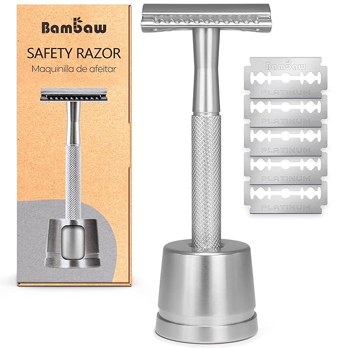 Bambaw Double Edge Safety Razor for Men with Stand, Reusable Metal Razor with 5 Double Edge Blades, Single Blade Razors for Men & Women – Silver-BrightBean Baby