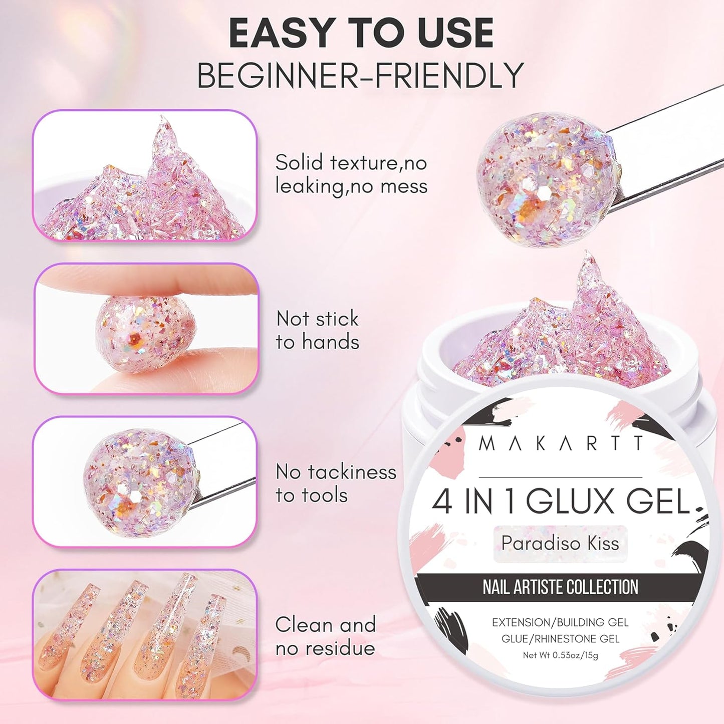 Makartt 3D Nail Gel Art for Nails Starter Kit: 4 Colors 3D Sculpting DIY Manicure Solid Gel Builder Clear and Shimmers for Extension, Molding Hard Gels with Silicone Flower Molds Sculpture Brush-BrightBean Baby