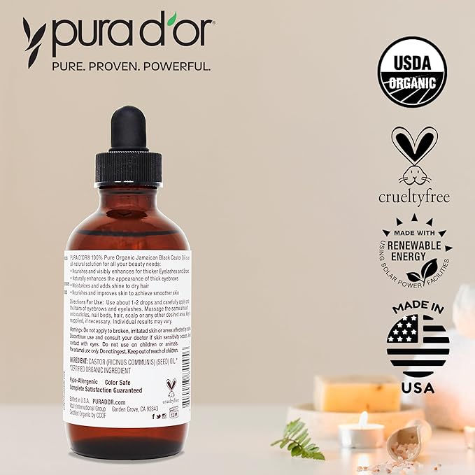 PURA D'OR 4 Oz ORGANIC Jamaican Black Castor Oil - Natural Smoky Scent - w/ 2 BONUS Empty Brushes - 100% Pure USDA Certified Cold Pressed & Roasted, Hexane Free Eyelash & Eyebrow Serum-BrightBean Baby