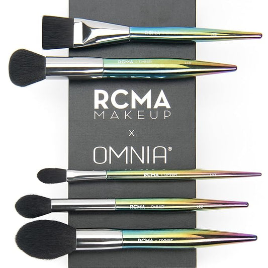 RCMA Makeup x Omnia Professional Makeup Brush 5pc Set, Premium Synthetic Fiber, Iridescent Acrylic Handle, Face Powders, Complexion and Foundation Blending Application Brush set.-BrightBean Baby