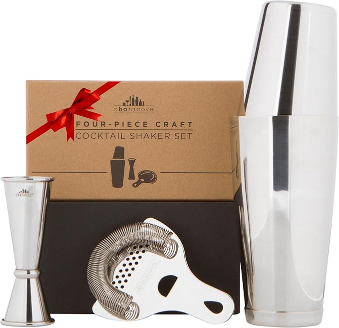 A Bar Above 4-Piece Cocktail Shaker Set for Professional & Home Bar – Premium Bar Kit Gifts Includes Strainer, Japanese Jigger & Boston Shaker Set