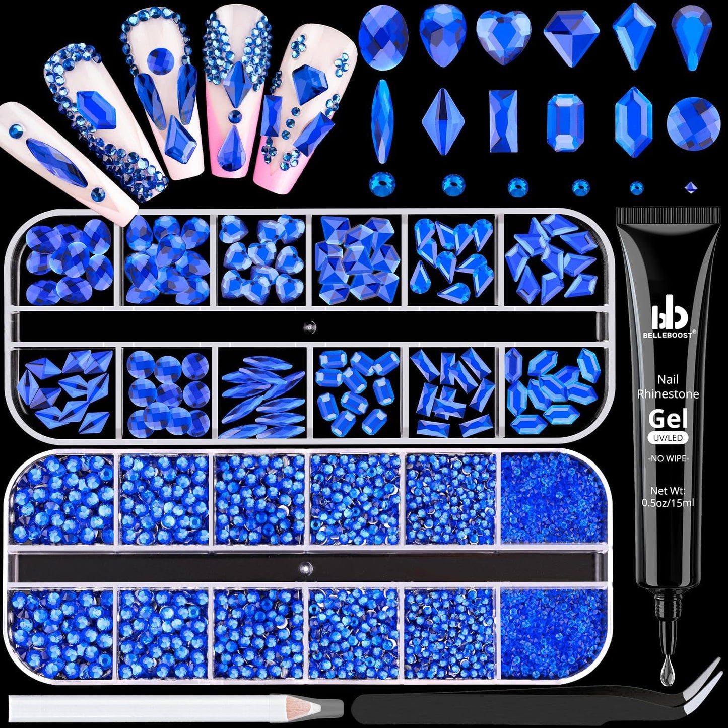 Royal Blue Glass Nail Rhinestones - 2680 Pcs Multi Shapes Flatback Gems + 2560 Pcs 1.5-4mm Round Crystal with Rhinestones Glue Gel for Nail Art-BrightBean Baby