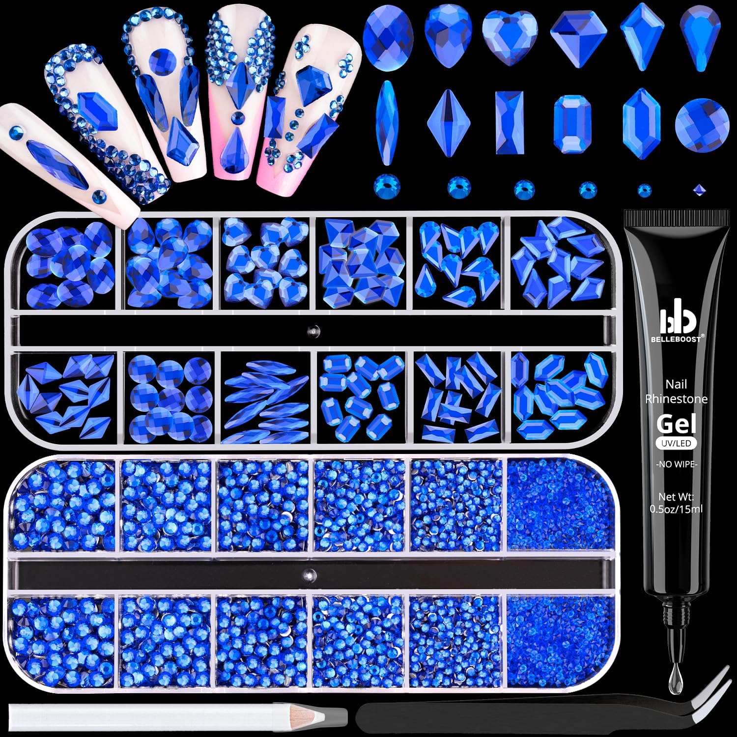 Royal Blue Glass Nail Rhinestones - 2680 Pcs Multi Shapes Flatback Gems + 2560 Pcs 1.5-4mm Round Crystal with Rhinestones Glue Gel for Nail Art-BrightBean Baby