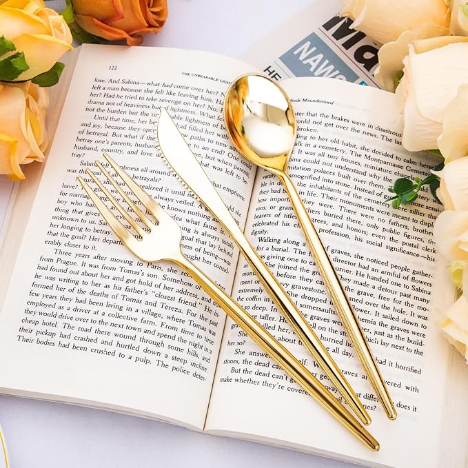 SUT 300 Pcs Gold Plastic Cutlery, Gold Utensils Disposable, Gold Plastic Silverware Set Include 100 Gold Plastic Forks, 100 Gold Plastic Spoons, 100 Gold Plastic Knives Heavy Duty Flatware for Party