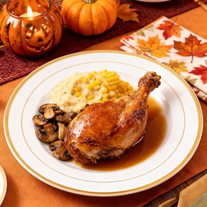 JOLLY CHEF 100 Pieces Gold Plastic Plates, 10 Inch Elegant Disposable Dinner White with Gold Rim, Disposable Plastic Plates for Dinner, Birthdays and Weddings