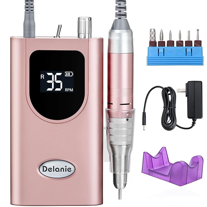 Delanie Professional Nail Drill High Torque 35000 RPM Rechargeable Portable Electric Nail File Filer for Acrylic Gel with Cuticle Bits, Salon Manicure Tool, Rose Gold-BrightBean Baby