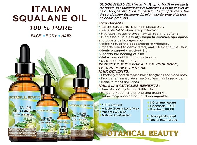 SQUALANE Italian Olive. 100% Pure Natural Undiluted Oil. 2 fl.oz- 60ml. 100% Ultra-Pure Moisturizer for Face, Skin, Body, Hair. Reliable 24/7 skincare protection-BrightBean Baby