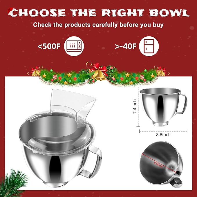 Stand Mixer Bowl 304 Stainless Steel for 4.5QT-5QT Tilt-head Stand Mixer, Stainless Steel Kitchne Mixer Bowls for Tilt-Head Stand Mixer,Kitchne Mixer Replacement Bowl Accessories-MIFLUS