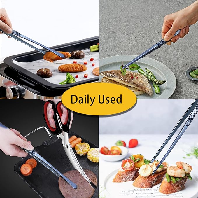 JETKONG 2 Pcs 12-Inch Cooking Tweezer Tongs Stainless Steel Kitchen Tweezers Plating Tongs (Navy Blue)