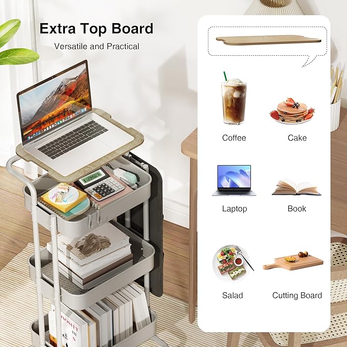 DTK 3 Tier Metal Utility Rolling Cart with Table Top and Side Bags, Tray Storage Organizer Wheels, Art Craft 4 Hooks for Kitchen Bathroom Office Living Room(Grey)-BrightBean Baby