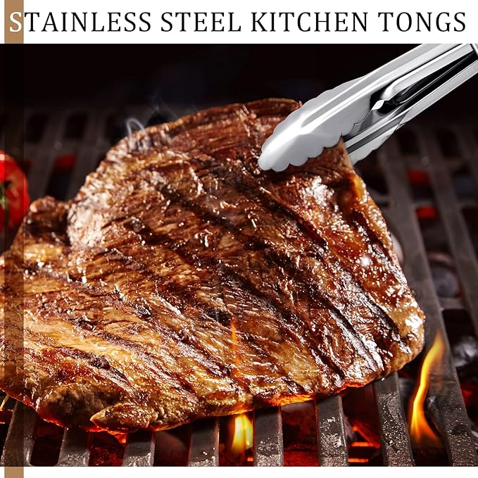 Meanplan 50 Pcs Small Stainless Steel Kitchen Tongs 7 Inch Food Serving Tongs Metal Cooking Clips High Heat Resistant Clips with Sliding Rings for Buffet Food Cooking Salad Grilling, Silver