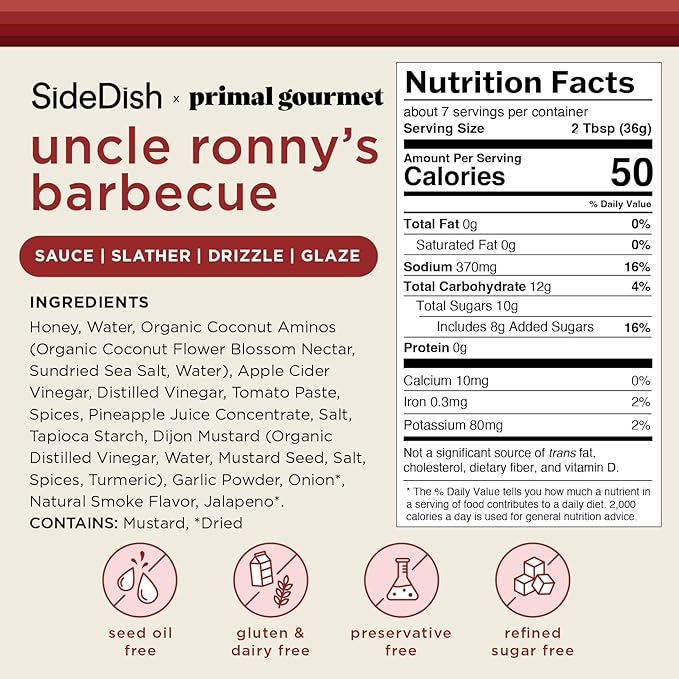SideDish & Primal Gourmet Uncle Ronny's BBQ Sauce - Pack of 3 – Refined Sugar Free, Seed Oil Free BBQ Sauce with All-Natural Ingredients – Gluten & Dairy Free Paleo-Friendly Barbecue Condiment