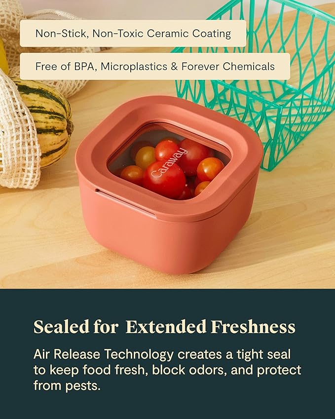 Caraway 6pc Food Storage Container Set - 1.75 Cup Glass Storage Container for Food (6) - Non-Toxic Ceramic-Coated Glass - Air Release Technology - Compact & Stackable Design - Gray
