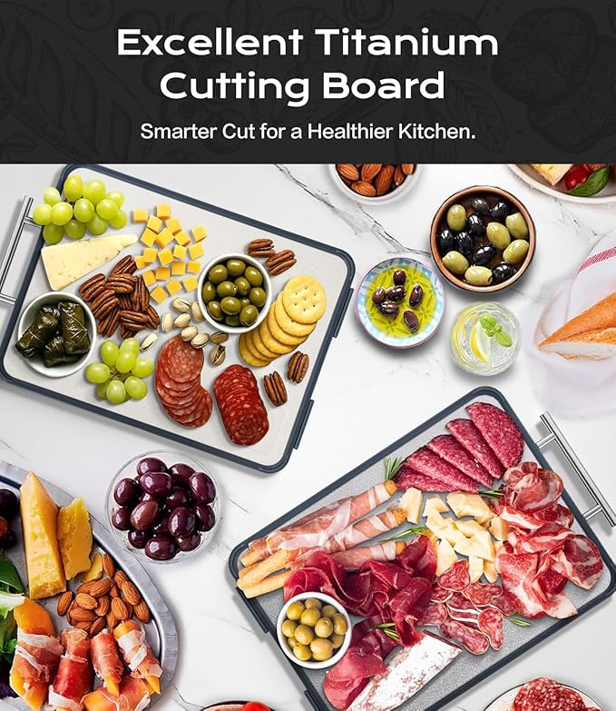 Titanium Cutting Board for Kitchen, Double Sided Non Toxic Cutting Board with Grinding Zone, Food-Grade Metal Chopping Board Pure Titanium & Wheat Straw PP Space Saving (14.5”×11”, 1 PC)