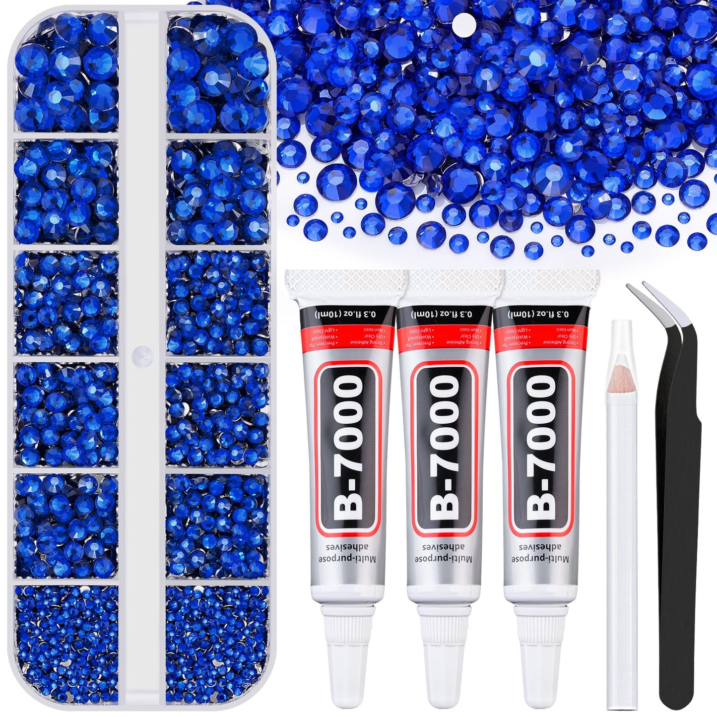Resin Rhinestones for Crafting with B7000 Jewelry Glue, 1 Box Royal Blue Flatback Crystals with 3Pcs 10ml Glue for Bedazzling Crafts DIY Nail Art Makeup，Non Hotfix Gems for Clothing Shoes-BrightBean Baby