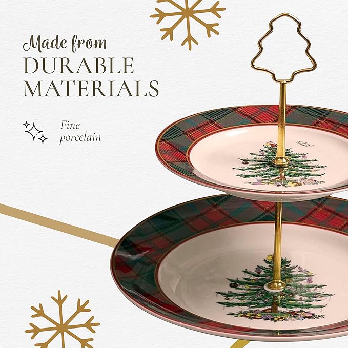 Spode Christmas Tree Tartan 2-Tiered Server, Holiday Cupcake Stand, Dessert Display Set, Earthenware Serving Platter, 10" & 8" Plates, Dishwasher Safe Serveware for Appetizers, Desserts, Cookies