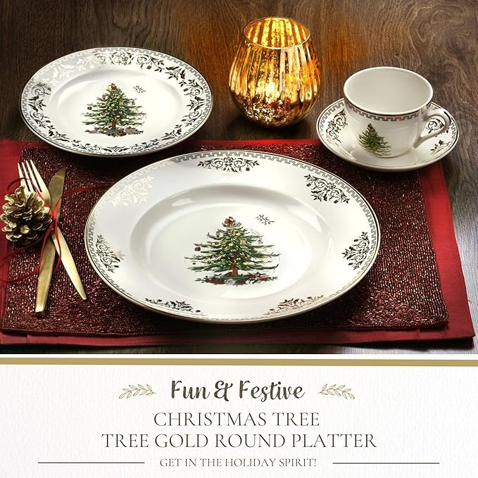 Spode Christmas Tree 12" Gold Round Serving Platter - Porcelain Serving Plate for Holiday Snacks, Appetizers, Buffet Displays - Microwave & Dishwasher Safe - Elegant Holiday Tableware