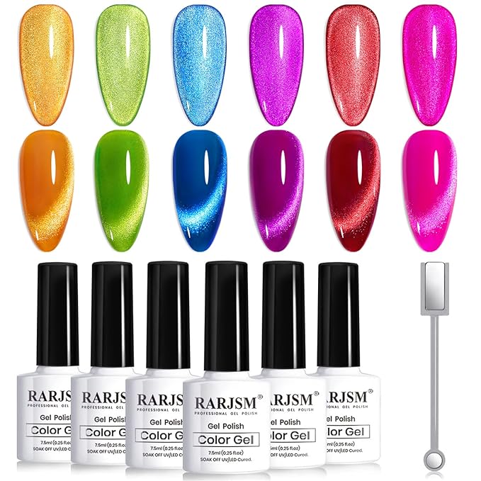 RARJSM 9D Neon Cat Eye Gel Nail Polish Set 6 Colors Velvet Silver Glitter Bright Orange Blue Red Green Rose Purple Ice Gel Polish with Magnet Stick UV LED Curing Requires Soak Off Home Salon Diy-BrightBean Baby