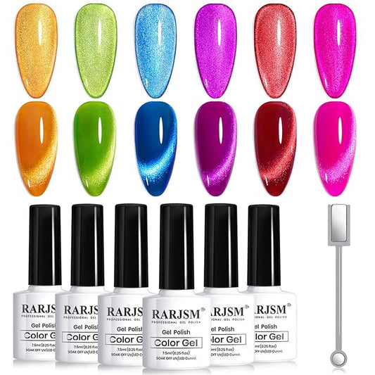 RARJSM 9D Neon Cat Eye Gel Nail Polish Set 6 Colors Velvet Silver Glitter Bright Orange Blue Red Green Rose Purple Ice Gel Polish with Magnet Stick UV LED Curing Requires Soak Off Home Salon Diy-BrightBean Baby