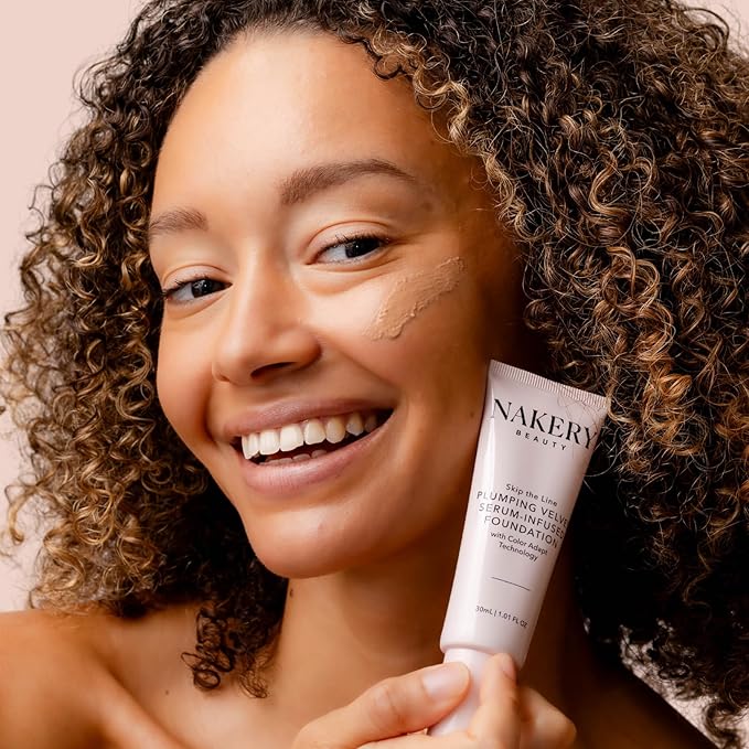 Nakery Full Coverage Plumping Liquid Foundation - Serum Infused Makeup with Niacinamide & Hyaluronic Acid for All Skin Types - Medium-BrightBean Baby
