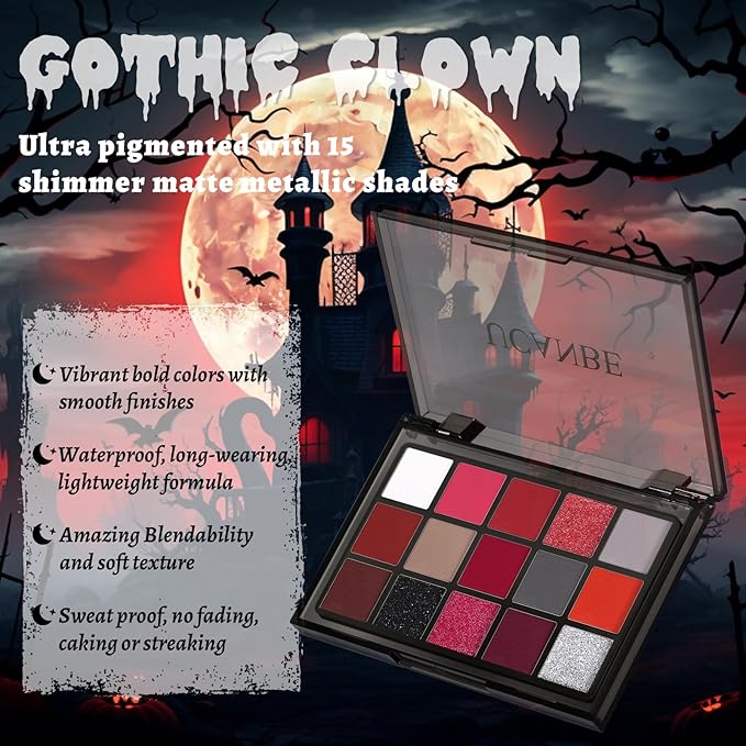UCANBE Red Eyeshadow Makeup Palette, 15 Colors Burgunry Gray Silver Shimmer Matte Glitter Metallic Eye Shadow Pallet, Pigmented Make Up Kit for Halloween Parties Christmas Joker Vampire Clown-BrightBean Baby