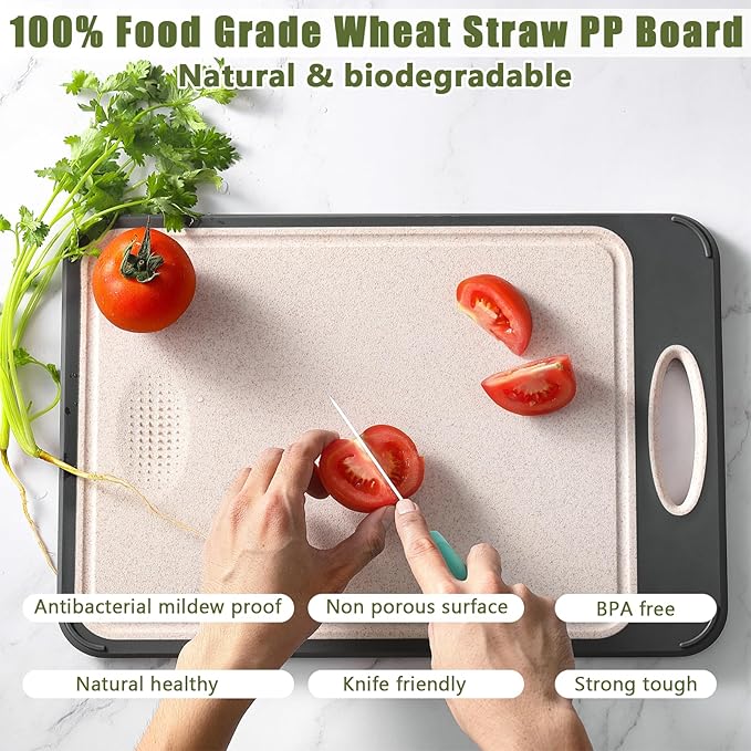 GUANCI Cutting Board for Kitchen 2-in-1, Stainless Steel & Wheat Straw PP Double-Sided Chopping Board,non toxic Chopping, Easy to Clean, Ideal for Meat, Vegetables and Fruits