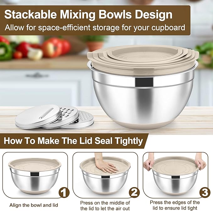 TeamFar Mixing Bowls, 6 PCS Stainless Steel Nesting Salad Bowl with Lids & 3 Graters, For Kitchen Cooking Serving Prepping, Airtight & Non-Slip, Size 4.6/3.5/2/1.5/1/0.7 QT, Khaki