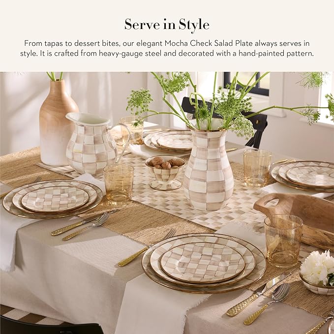 MACKENZIE-CHILDS Enamel Salad and Dessert Plate, Small Plate for a Dessert or Appetizer Dish, 8 Inches, Brown-and-White Mocha Check