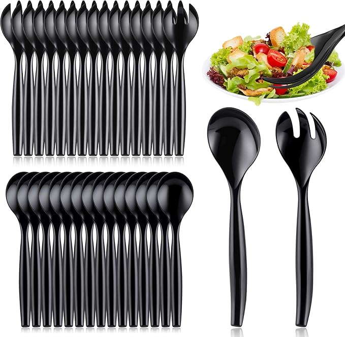 Mwellewm 32Pcs Serving Spoons 10'' Large Plastic Serving Utensils Set Slotted Disposable Serving Forks Heavy Duty Black Party Supplies for Buffet Restaurant Dinner Salad Noodles Soup