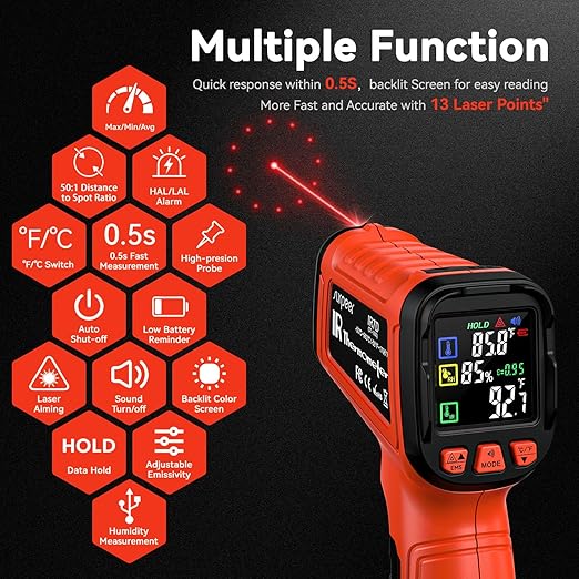 -58°F to 2732°F Infrared Thermometer IR Laser Gun 50:1, Digital Temperature Gun/K-Type Probe -4°F~932°F, Humidity Sensor, High-Temp Pyrometer for Kiln, Forge, Furnace, Industrial Use