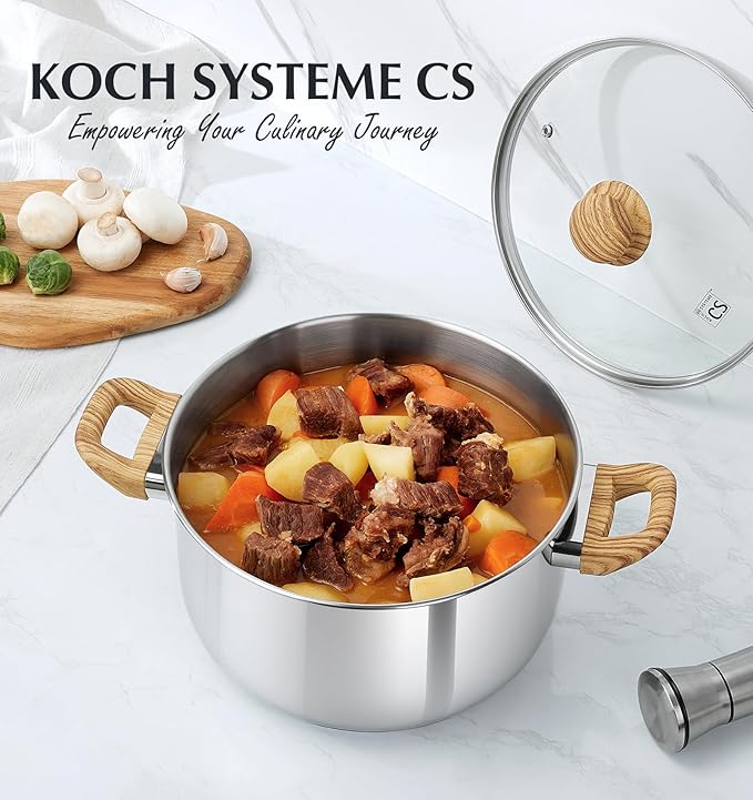 KOCH SYSTEME CS Stainless Steel Pot - 4 Quart Induction Stainless Steel Stock Pot with Lid for Pasta, Soup, Spaghetti, Steel Soup pots with Heat-Resistant Bakelite Double Handle, Dishwasher Safe