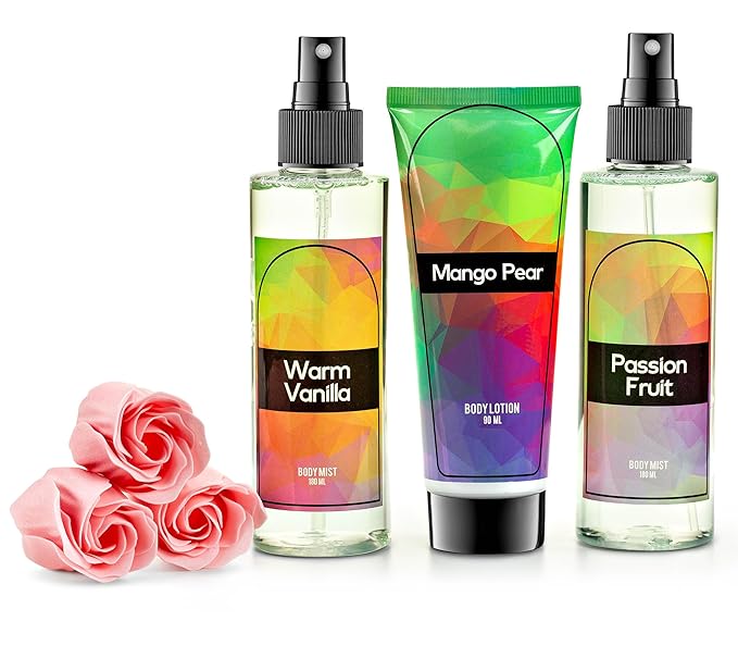 Fine Fragrance Body Mist & Body Splash Gift Set – Luxury Self-Care Combo for Women and Girls (Passion Fruit, Warm Vanilla, Mango Pear, Rose Soap)-BrightBean Baby